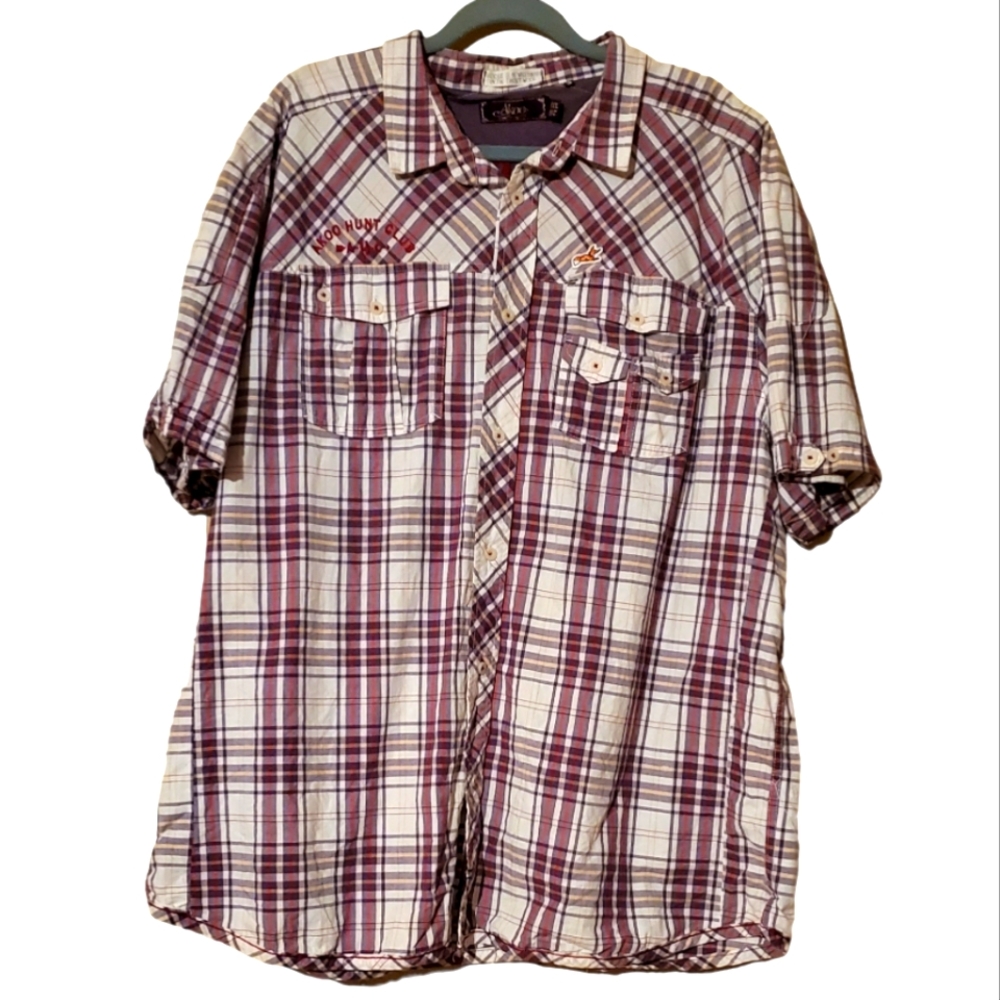 Akoo Hunt Club Shirt Plaid 4XL Button-Up/Down Short Sleeve Embroidered Hounds